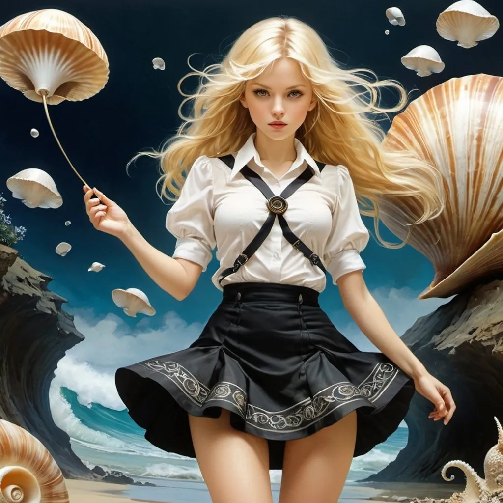 Prompt: Anna Lesznai, Márta Lacza, Zsolt Vidák, Béla Kontuly, Gabriella Hajnal, Arthur Rackham, Surrealism, wonder, strange, bizarre, fantasy, Sci-fi, Japanese anime, sounds pitch and pentagram, cross-section of a nautilus shell, beautiful blonde miniskirt girl Alice, perfect voluminous body, dynamic action poses, detailed masterpiece 