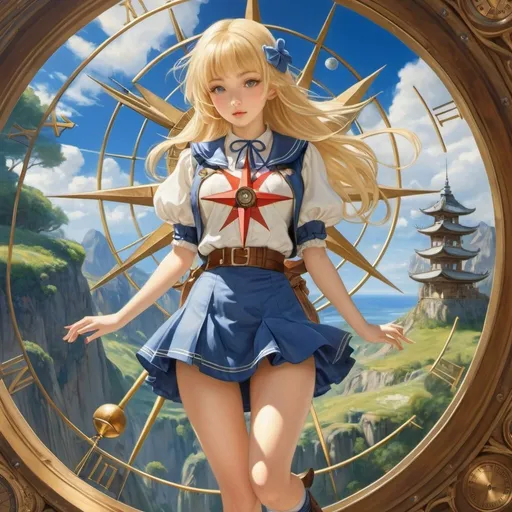 Prompt: Junaida, Surreal, Margaret Tarrant, mysterious, strange, fantastical, fantasy, Sci-fi, Japanese anime, portable sundial, compass rose, traveling blonde miniskirt beautiful girl Alice, perfect voluminous body, top, bottom, left, right, detailed masterpiece 