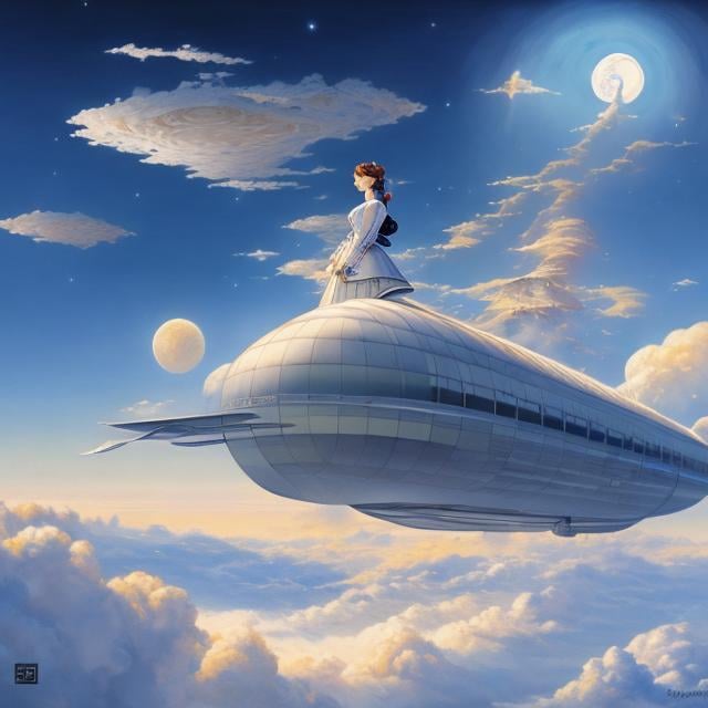 Prompt: Margaret Tarrant, François Schuiten, Japanese anime, Mysterious Fantasy Strange Fantasy Sci-fi Spiral staircase in the air Ammonite moon Airship Smiling girl above the clouds, hyper detailed high resolution high definition high quality masterpiece 