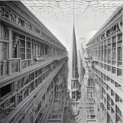 Prompt: M c Escher, Peter Cook, Surreal, mysterious, strange, fantastical, fantasy, Sci-fi, Japanese anime, perspective of the lost sky, point/line perspective, parallel perspective foot method, 45° method of full-angle perspective, point method of full-angle perspective, oblique perspective Line perspective, shadow perspective/enlarged perspective, bird perspective, three-point perspective, beautiful blonde miniskirt girl Alice drawing a perspective view, detailed masterpiece 