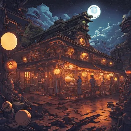 Prompt: Keith Parkinson Japanese Anime　Sci-Fi Fantasy　Spiral pills　Moonlit Night Moving Blacksmith　teens girl　One-eyed blacksmith　nighttime scene　 hyperdetailed high definition high resolution high quality masterpiece