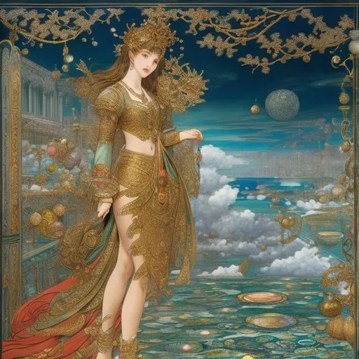 Prompt: Walter Crane, Hadui Kawasaki, Surreal, mysterious, strange, fantastical, fantasy, Sci-fi fantasy, anime, wonderland of shining materials, glass, marbles, characteristics of materials, Gearman, lens, spherical glass, optical design, art, girl, detailed masterpiece 