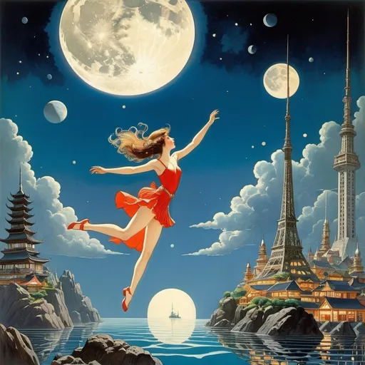 Prompt: Virginia Frances Sterrett, Mario Laboccetta, Charles Ricketts, Vladimir Favorsky, Nikolai Bartram, Surrealism, wonder, strange, bizarre, fantasy, Sci-fi, Japanese anime, Tokyo, a city submerged in liquid crystal, a beautiful high school girl in a miniskirt diving high into the sky, perfect voluminous body, stars on the ocean floor, a cracked moon, detailed masterpiece 