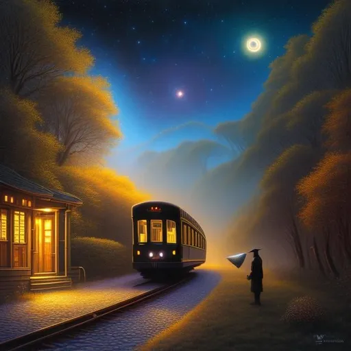 Prompt: Sulamith Wülfing, Tim White, Surreal, mysterious, strange, fantastical, fantasy, Sci-fi, Japanese anime, night physics, the art of seeing forgotten dreams, the workings of the universe, the night of a meteor shower, butterflies crossing the galaxy, the range of the trolley problem, detailed masterpiece 