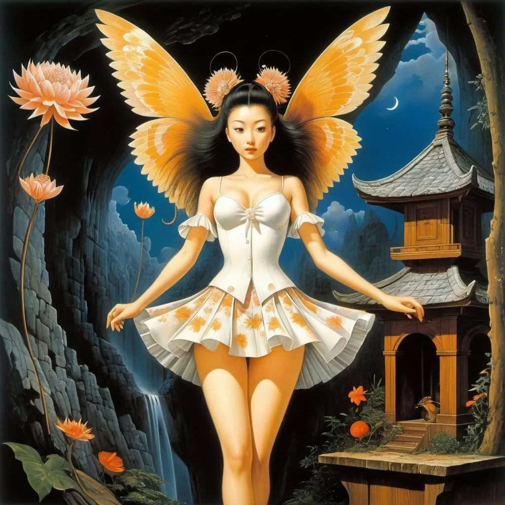 Prompt: Echo Chernik, Shigeru Hatsuyama, Remedios Varo, Ralph Pallen Coleman, Earl Norem, Surrealism, wonder, strange, bizarre, fantasy, Sci-fi, Japanese anime, petals falling on the scales, paradise in a box, miniskirt beautiful girl Pandora, perfect voluminous body, detailed masterpiece 