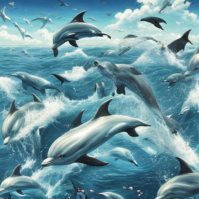 Prompt: Japanese school girl free falling, moon tide, flock of dolphins, surreal strange weird wonderful sci-fi fantasy, hy high resolution high quality high definition masterpiece 