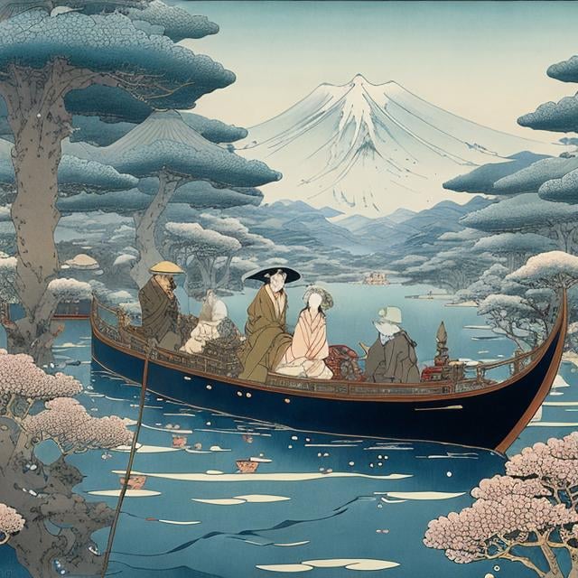 Prompt: Anton Pieck, George Barbier, Ukiyo-e style Japanese Anime Surreal Mysterious Weird Fantastic Fantasy Sci-fi Fantasy Lantern Flowing on the River of the Galaxy, hyperdetailed high resolution high definition high quality masterpiece, fine lines