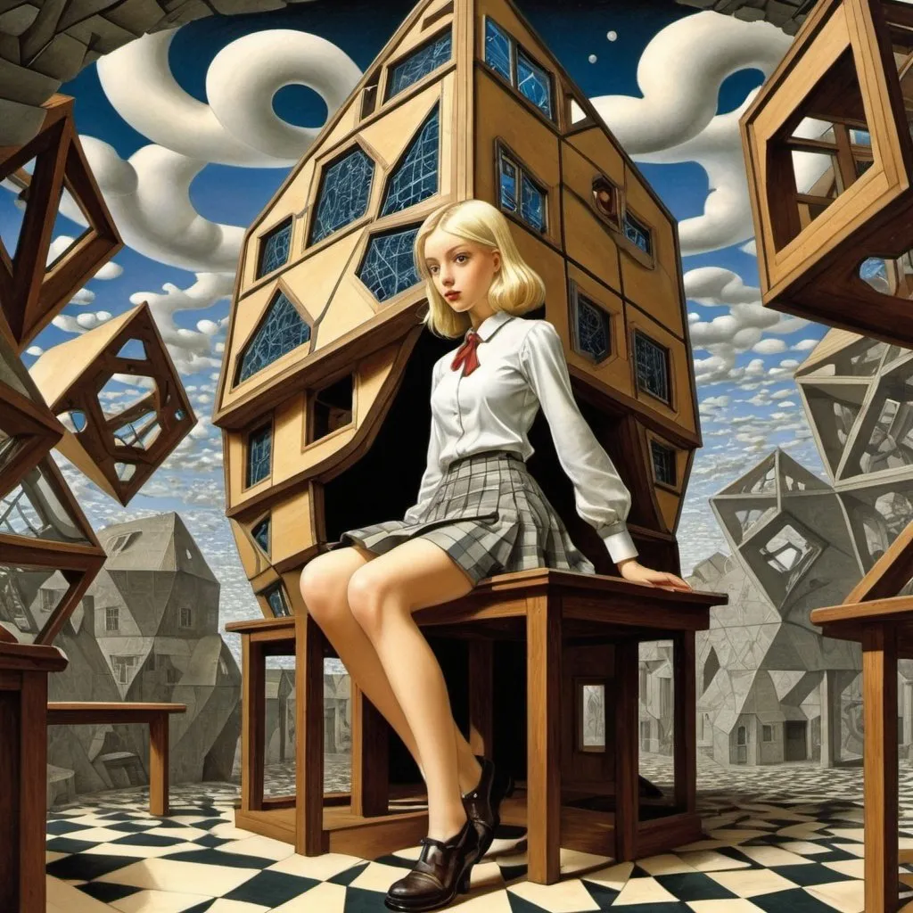 Prompt: Hans Waldemar Wessolowski, M C Escher full colours, Surreal, mysterious, strange, fantastical, fantasy, Sci-fi, Japanese anime, a polyhedral geometric three-dimensional house that keeps changing its shape, the mathematical formula of a symphony orchestra, the world of physics, blonde miniskirt beautiful girl Alice, perfect voluminous body, detailed masterpiece 