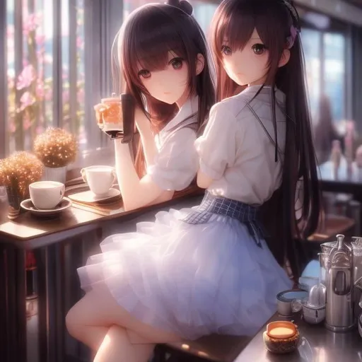 Prompt: Daisuke Richard, Yuko Higuchi, Surreal, mysterious, strange, fantastical, fantasy, Sci-fi, Japanese anime, beautiful miniskirt high school girl, perfect body, pouring memories into a cup, in a cafe, hyper detailed masterpiece high resolution definition quality, depth of field cinematic lighting 