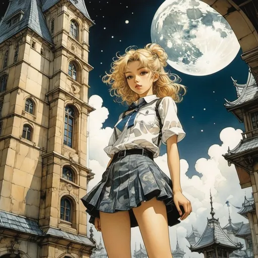 Prompt: Dagmar Berková, Katsuya Terada, Arthur Rackham, A E Marty, Sydney Sime, Surrealism Mysterious Weird Fantastic Fantasy Sci-fi, Japanese Anime, Tower of Gravity Collection of Moon Fragments and Inside the Mirror Miniskirt Beautiful High School Girl, perfect voluminous body, detailed masterpiece 