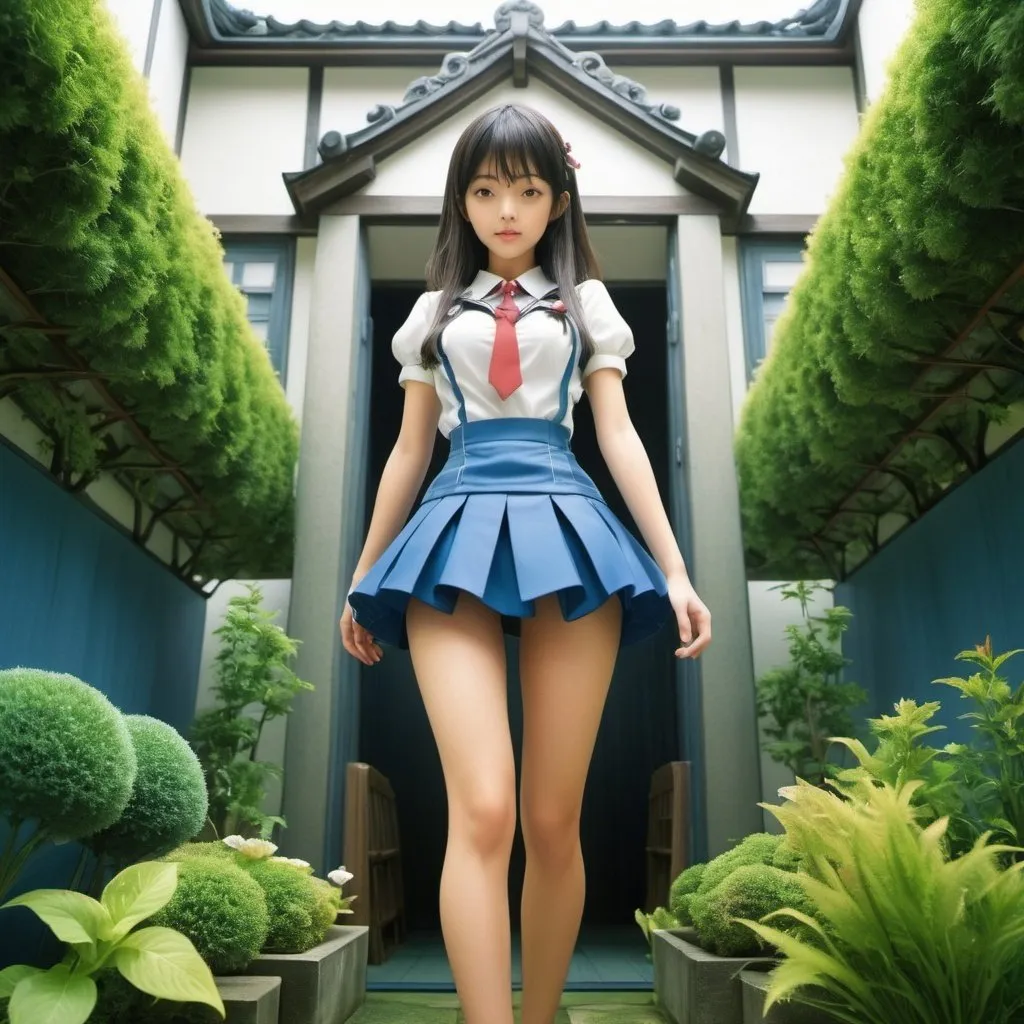 Prompt: Hiroshi Masumura, Sara Fanelli, Antonio Lupatelli, Surrealism, mysterious, bizarre, fantastical, fantasy, Sci-fi, Japanese anime, blueprint of an imaginary miniature garden where miniskirt beautiful high school girls live, perfect voluminous body, detailed masterpiece 