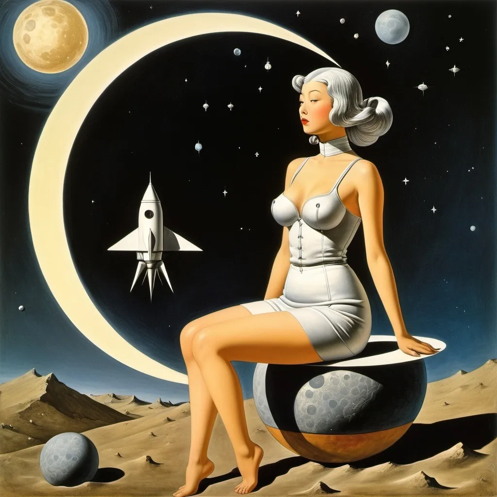 Prompt: Giorgio de Chirico, Remedios Varo, Heath Robinson, Hermann Huppen, Takeo Takei, Surrealism Mysterious Weird Fantastic Fantasy Sci-Fi, Japanese Anime, Miniskirt Beautiful Philosopher Sitting on the Moon, perfect voluminous body, Meditation Object, Rocket, detailed masterpiece 