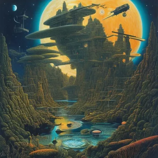 Prompt: Patrick Woodroffe, Wally Wood, Surreal, Mysterious, Weird, Outlandish, Fantasy, Sci-Fi, Japanese Animation, Invention that backfires, Moon flight as clay pigeon shooting, Avant-garde, I'm glad there's a Grim Reaper in this world, Machines and Wolves, Pinkenbahiya Gravity Vortex, detailed masterpiece 