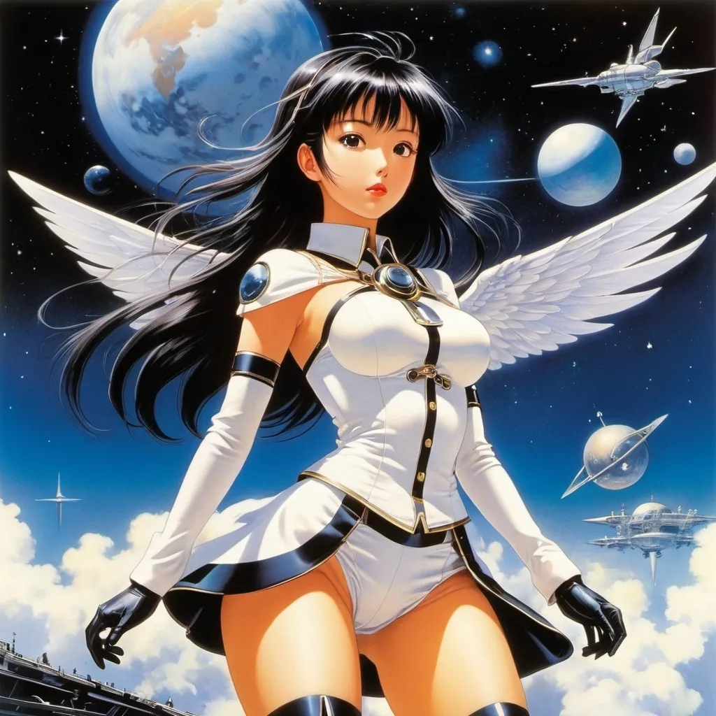 Prompt: Levi Pinfold, Keiko Takemiya, Seiji Fujishiro, Heinz Edelmann, Maximilian Liebenwein, Surrealism Mysterious Weird Fantastic Fantasy Sci-fi, Japanese Anime, Visual Revolution, Flying Machine, Miniskirt Astronomical Beautiful Girl, perfect voluminous body, detailed masterpiece 