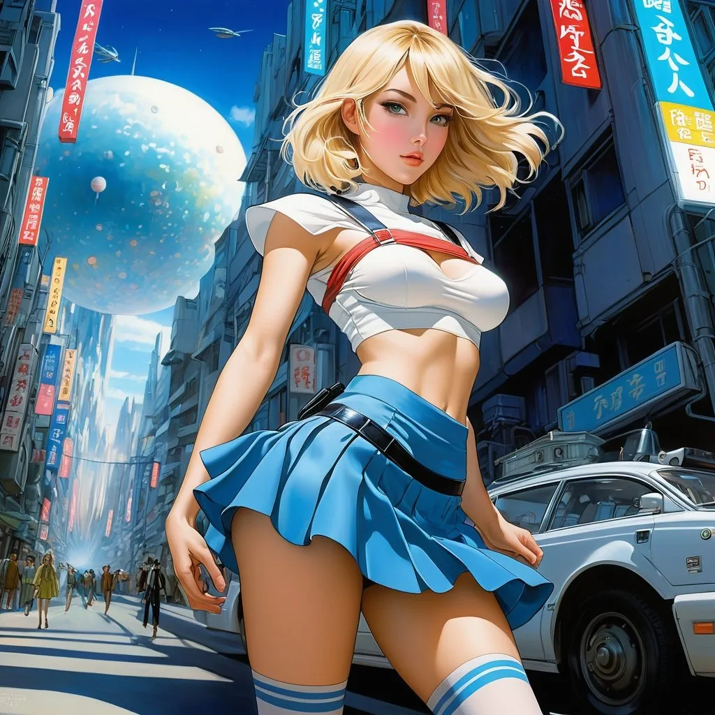 Prompt: Barclay Shaw, Roger Hane, Katsuji Matsumoto, Surreal, mysterious, strange, fantastical, fantasy, Sci-fi, Japanese anime, inner frontier, circuit to the city, blonde miniskirt beautiful girl Alice, perfect voluminous body, detailed masterpiece 