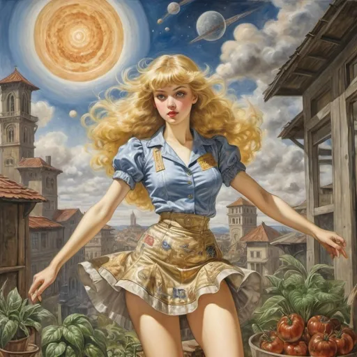 Prompt: Reginald Marsh, Maurice Day, Florence Harrison, José Zamora, Eleanor Vere Boyle, Surrealism, mysterious, bizarre, fantastic, fantasy, Sci-fi, Japanese anime, herbal medicine and astrology, beautiful blonde miniskirt girl Alice wearing the universe, perfect voluminous body, cosmology of slash-and-burn farmers, dancing agriculture, internalization of plant intelligence, detailed masterpiece 