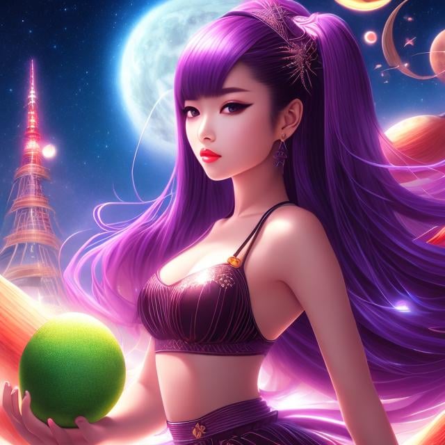 Prompt: Andres Barrioquinto, Keiko Takemiya, Surreal, mysterious, strange, fantastical, fantasy, Sci-fi, Japanese anime, night and star apples, artificial universe, designing primitive organisms, miniskirt beautiful girl, perfect voluminous body, 