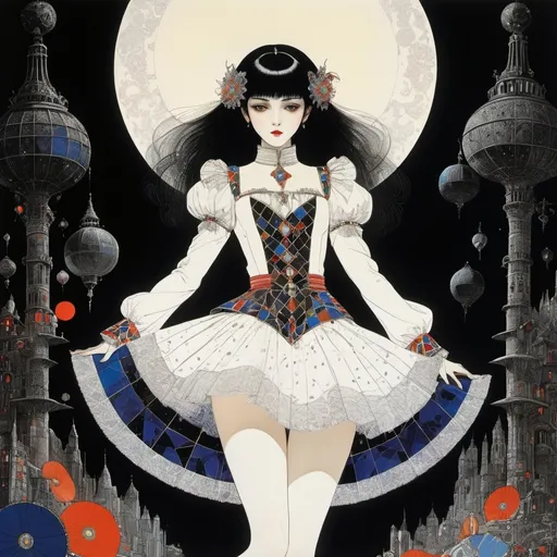 Prompt: Harry Clarke, Andres Barrioquinto, Surreal, mysterious, strange, fantastical, fantasy, Sci-fi, Japanese anime, Harlequin and Tick-Tac Man, miniskirt beautiful girl, perfect voluminous body, forever high in the darkness, detailed masterpiece low high angles perspectives 