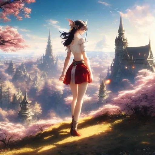 Prompt: Tsukasa Ave,Rudolf Jettmar,  Surreal, mysterious, strange, fantastical, fantasy, Sci-fi, Japanese anime, traveling miniskirt beautiful elf, castle, forest, clear blue sky, wide angle, detailed masterpiece 