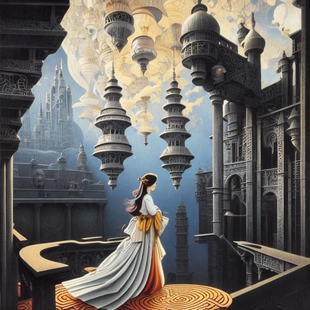 Prompt: M c Escher full colours, Charles Robinson, Surreal, mysterious, strange, fantastical, fantasy, Sci-fi, Japanese anime, a machine called labyrinth, a tower that rises, a beautiful girl in a miniskirt in perspective, detailed masterpiece 