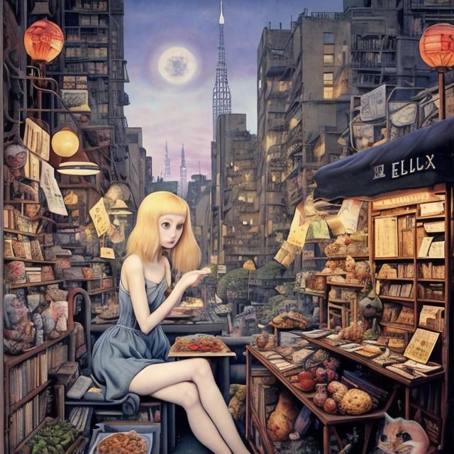 Prompt: 
Paul Delvaux, Elsa beskow, Surreal, mysterious, strange, fantastical, fantasy, Sci-fi, Japanese anime, Jimbocho used bookstore district, conveying knowledge to the future, Alice, a beautiful blonde miniskirt girl eating cutlet curry on the terrace on the street, along with her cat, perfect voluminous body, detailed masterpiece 