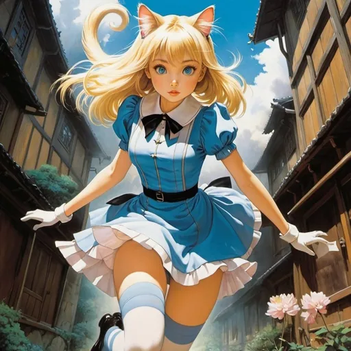 Prompt: Charles Robinson, Károly Józsa, Yuriko Yamawaki, katsuhiro Otomo, Ivan Kirkov, Surrealism, Mysterious, Bizarre, Outlandish, Fantasy, Sci-fi, Japanese Anime, Alice, a beautiful blonde miniskirt girl who jumps out of the movie screen, perfect voluminous body, Cheshire Cat and card guards are chasing Alice, detailed masterpiece 