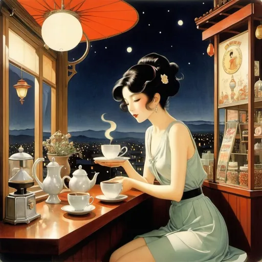 Prompt: Naoko Takeuchi, Raphael Kirchner, Leonora Carrington, Liz Danforth, Reginald Knowles full colours, Surrealism, strange, bizarre, fantastical, fantasy, Sci-fi, Japanese anime, optical devices, lenses, and reflectors that collect moonlight to boil coffee, midnight coffee shop, miniskirt beautiful barista, sleeping street corner, perfect voluminous body, detailed masterpiece 