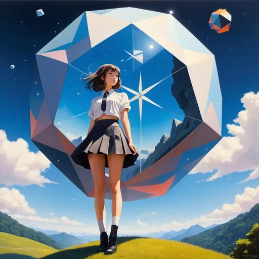 Prompt: Pierre Roy, Ruth Reeves, Surreal, mysterious, strange, fantastic, fantasy, Sci-fi, Japanese anime, abstract, geometric, landscape, polyhedron, sphere, star shape, floating, rolling, thinking miniskirt beautiful girl, height angles low angle perspectives detailed masterpiece 