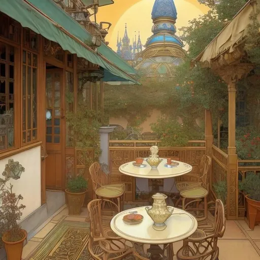 Prompt: Anton Pieck, Erte, Alphonse Mucha, Japanese Anime, Surreal Mysterious Bizarre Fantastic Sci-Fi Fantasy, Solar System Sinking into a Coffee Cup, Cafe Patio, detailed, high resolution definition quality masterpiece 