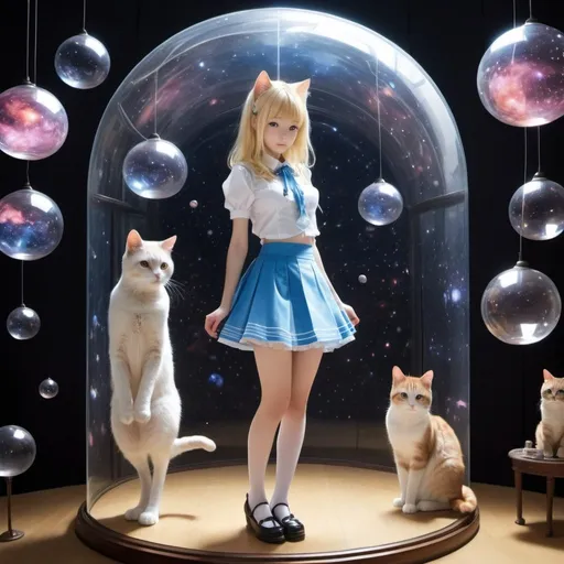 Prompt: Roger Soubie, Hiroyuki Kitazume, Surreal, strange, bizarre, fantastical, fantasy, Sci-fi, Japanese anime, galaxy in a glass box, collection of rare items from Alice, a beautiful blonde miniskirt girl, perfect voluminous body, room of wonders, cat, detailed masterpiece 