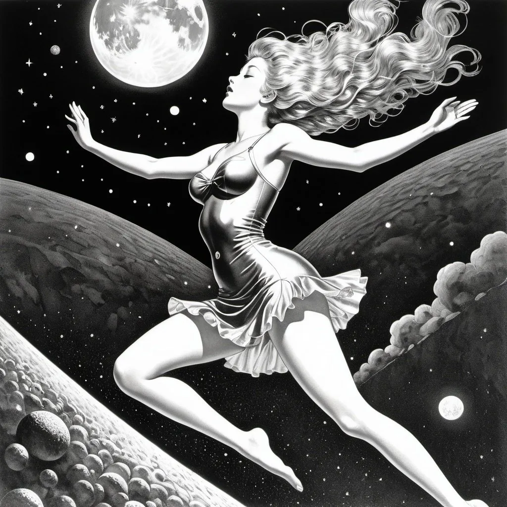 Prompt: Virgil Finlay, Hans Bellmer, Sydney Sime, Edmond Dulac, Ichiro Tsuruta, Surrealism, wonder, strange, bizarre, fantasy, sci-fi, Japanese anime, meteor shower in the underground world, between the lunar and solar eclipses, a beautiful high school girl in a miniskirt dives into the night sky, perfect voluminous body, detailed masterpiece cute coquettish 