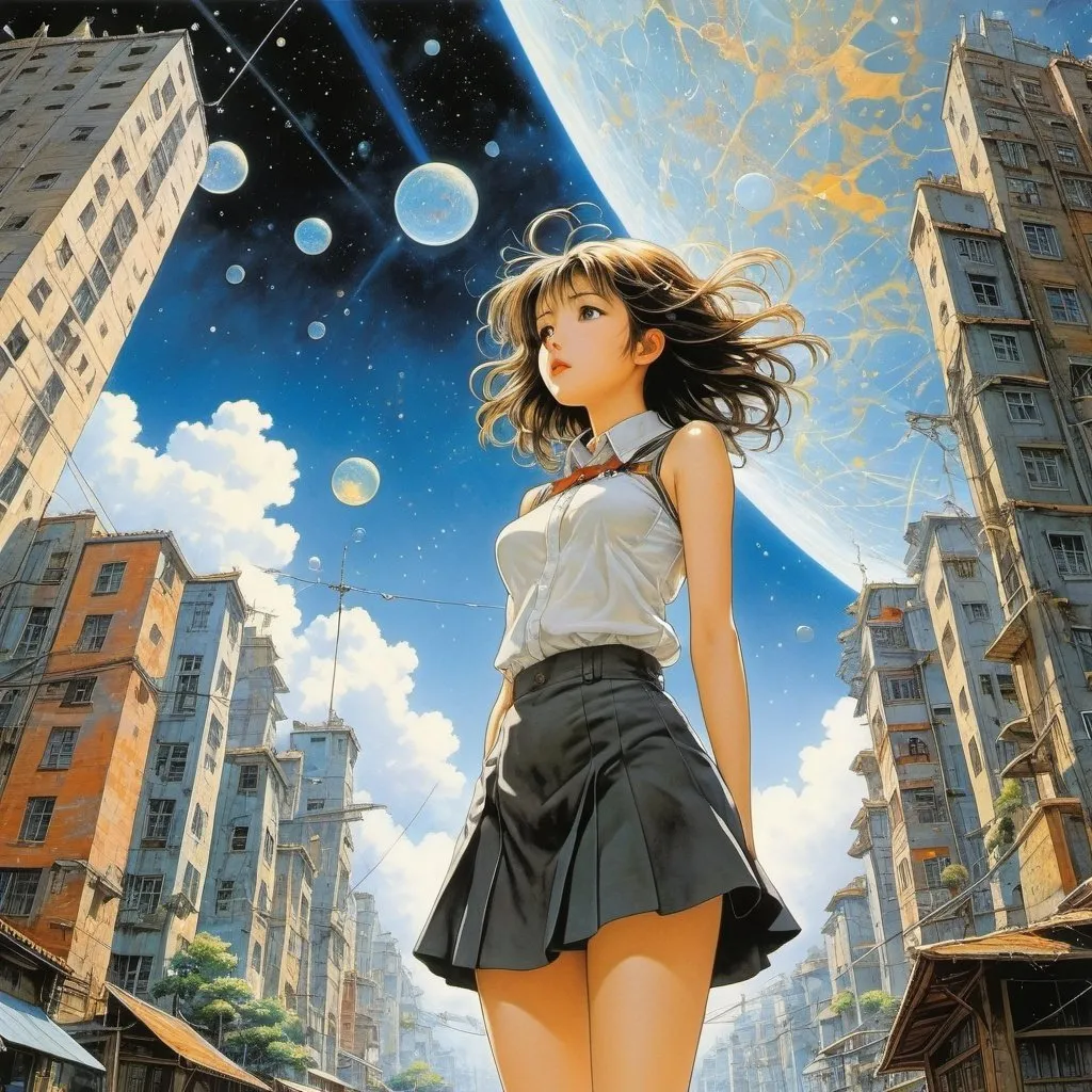 Prompt: Frank R. Paul, John Austen, Yoshitaka Amano, Surreal, mysterious, strange, fantastical, fantasy, Sci-fi, Japanese anime, countless pieces of the universe falling like a rain, Einstein's equation of gravity, city, beautiful girl in a miniskirt looking up at the sky, detailed masterpiece 