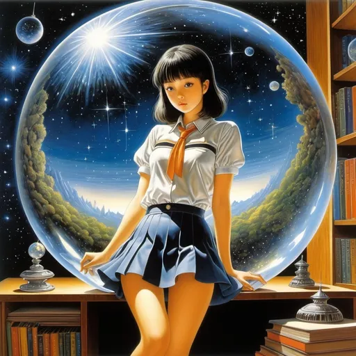 Prompt: Pierre Brissaud, Katsuhiro Otomo, Remedios Varo, Albert Robida, Hajime Sorayama, Surrealism, wonder, strange, bizarre, fantasy, Sci-fi, Japanese anime, transparent globe, starlight reflects, passes, and diffuses, miniskirt beautiful high school girl looking at the galaxy from her study, perfect voluminous body, detailed masterpiece 