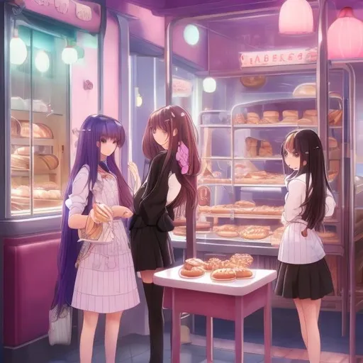 Prompt: Junaida, Heikala, mabel attwell, Surreal, mysterious, bizarre, fantastical, fantasy, sci-fi, Japanese anime, A magical bakery that is only open late at night, Cakes, croissants, everything is delicious, Very popular with miniskirt beautiful high school girls, perfect body, There is always a line even in the middle of the night, hyper detailed masterpiece, high resolution definition quality, depth of field cinematic lighting 