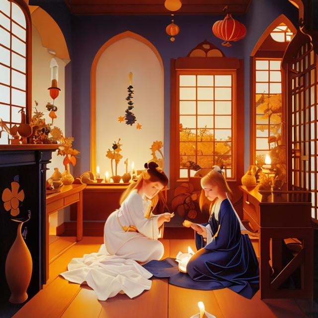 Prompt: Michael Parkes, Nicholas Roerich, Sibylle von Olfers, Japanese anime, manga lines, rocket in basement, microcosm of child’s room, summer turning autumn, candle, hyperdetailed high resolution high quality high definition masterpiece 