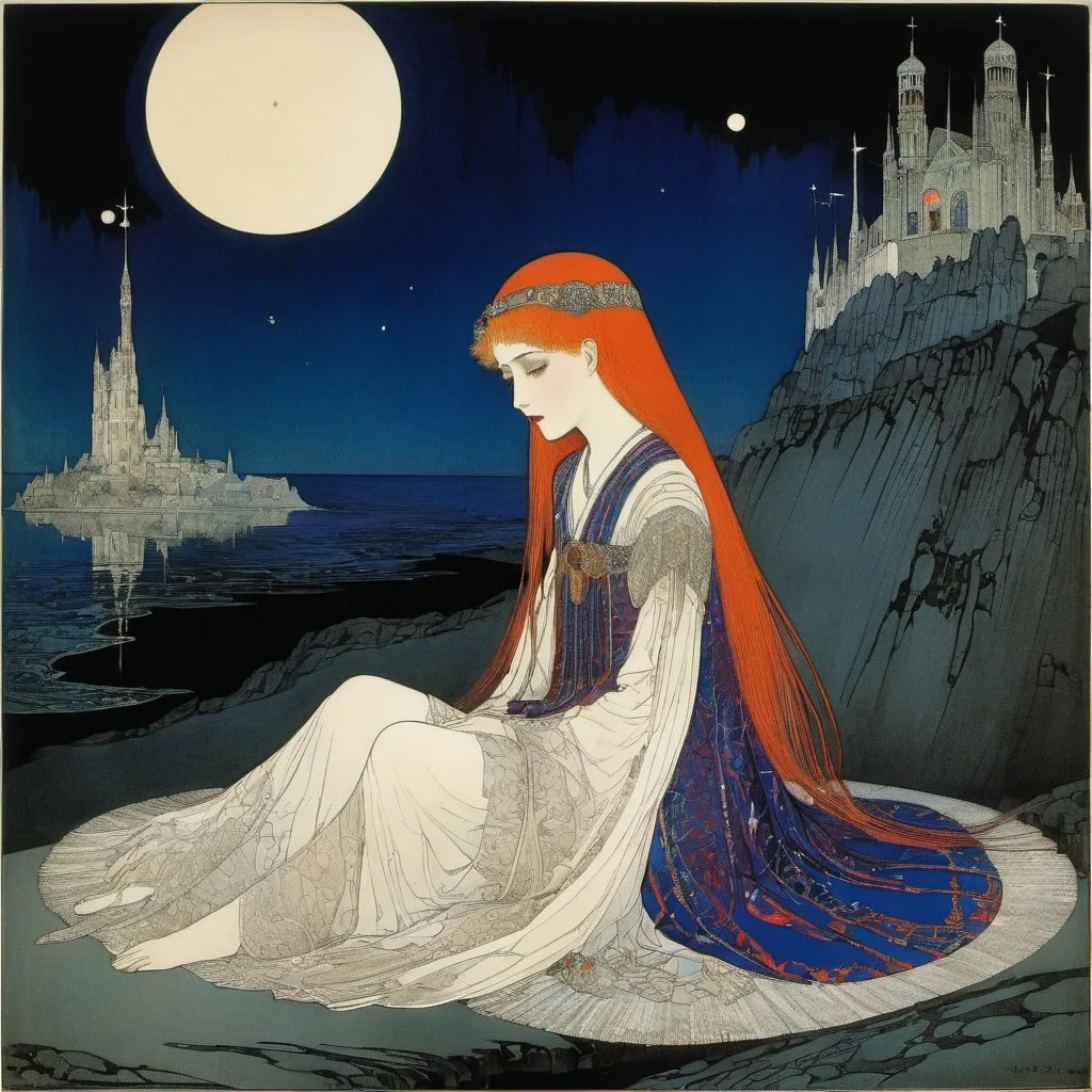 Prompt: Harry Clarke, Alfred Kubin full colours, Jan Bajtlik, Surrealism, wonder, strange, bizarre, fantasy, Sci-fi, Japanese anime, unwavering beauty of one word, a microcosm made of artificial words, vampires, beautiful girls in miniskirts, perfect voluminous body, night silence, bedtime rituals, detailed masterpiece 