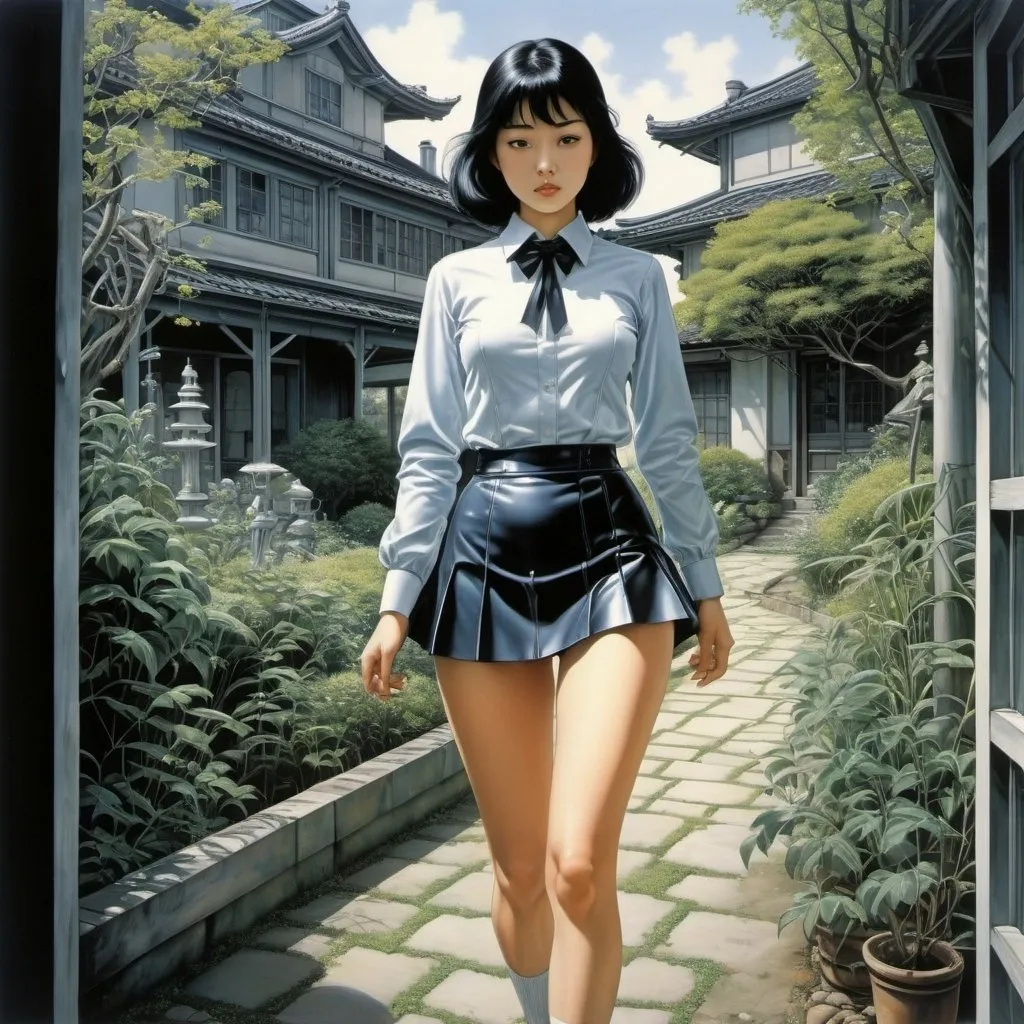 Prompt: Hajime Sorayama, Mitsukazu Mihara, Beresford Egan, Élisabeth Sonrel, Paul Delvaux, Surrealism, strange, bizarre, fantastical, fantasy, Sci-fi, Japanese anime, the relationship between the form of possession of the garden space and human memories, a beautiful high school girl in a miniskirt walking on an exploration map, perfect voluminous body, detailed masterpiece 