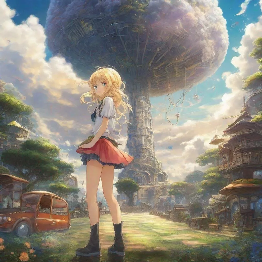 Prompt: Shirō Kawakami, Davegore, Surreal, mysterious, strange, fantastical, fantasy, Sci-fi, Japanese anime, cloud-making machine, land in the sky, sky octopus taxi, towering space tree, beautiful blonde miniskirt girl Alice, perfect voluminous body, detailed masterpiece 