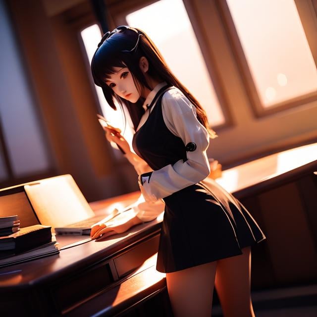 Prompt: Mark Buckingham, Nicholas Roerich, Surreal, mysterious, strange, fantastical, fantasy, Sci-fi, Japanese anime, study space, desk and stationery, writing miniskirt beautiful girl, perfect voluminous body, detailed masterpiece perspectives cinematic lighting sharp focus 