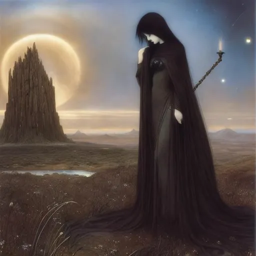 Prompt: Elizabeth Siddal, Luis Royo, Surreal, mysterious, strange, fantastical, fantasy, Sci-fi, Japanese anime, Kairasai's pre-divination records of Primorye, drifting in the final world, aesthetics of desolation, cactus fantasy, but the stars flow, detailed masterpiece 