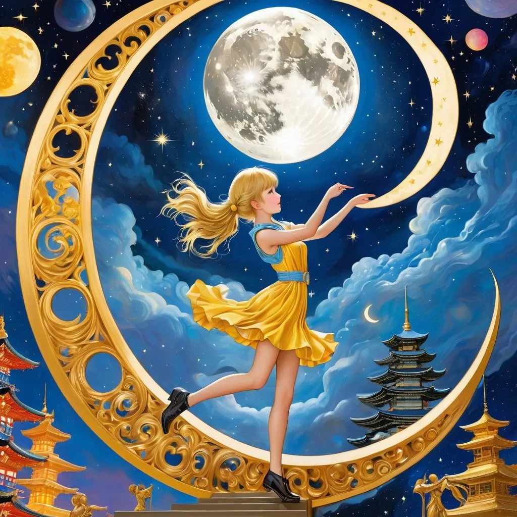 Prompt: Thomas Crane, Edmund Swinglehurst, Surreal Mystery Bizarre Fantastic Fantasy SF, Japanese Anime, Golden Mini Scarf Alice Beautiful Girl Playing with Crescent Moon Jigsaw Puzzle, Outer Space, The Steps of the Moon and the Earth, detailed masterpiece 