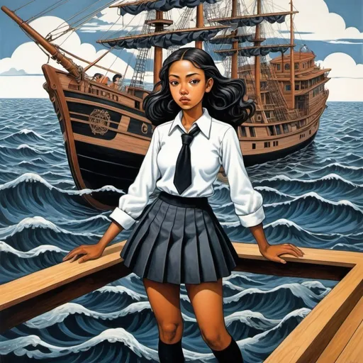 Prompt: Faith Ringgold, M C Escher, Surreal, mysterious, strange, fantastical, fantasy, Sci-fi, Japanese anime, classroom, flood, sailing ship, miniskirt beautiful Asian girl captain, perfect voluminous body, octopus, detailed masterpiece 