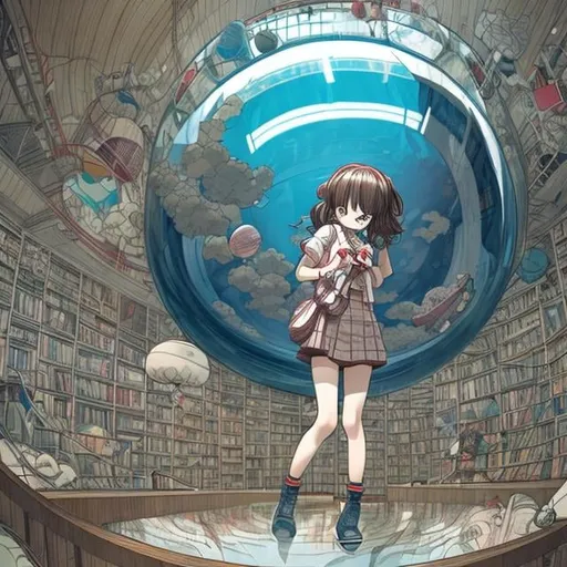 Prompt: Katsuhiro Otomo style, inside library, 5m diameter water sphere floating in the air, spiral stair, japanese short skirt high school girl, detailed, manga lines, colour