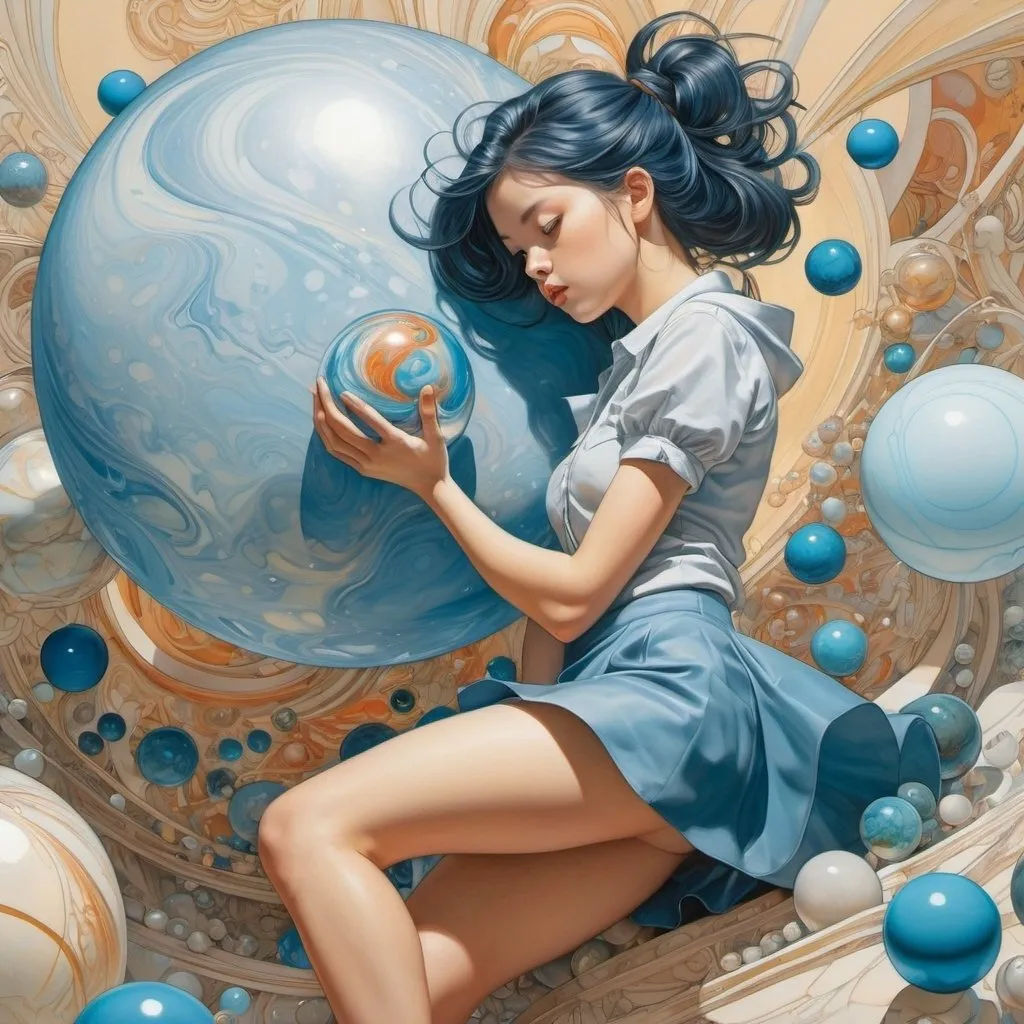 Prompt: James Jean, Alastair Duncan, Almada Negreiros, Joe Madureira, Stanisław Wyspiański, Surrealism, wonder, strange, bizarre, fantasy, Sci-fi, Japanese anime, future in marbles, spherical cosmology, beautiful high school girl in a miniskirt pinching a marble and looking into it, perfect voluminous body, perspective, blueprint, detailed masterpiece hand coloured fine line drawings 