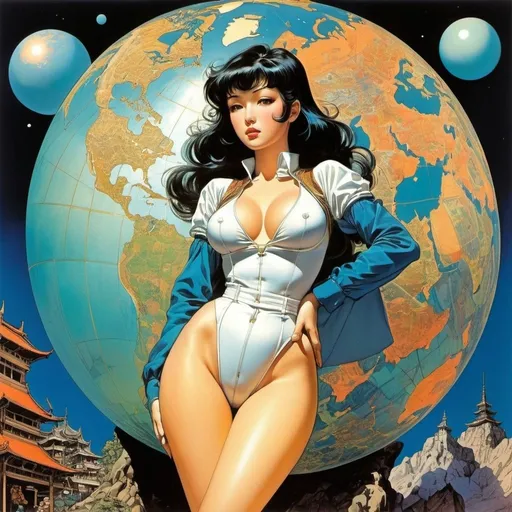 Prompt: Louis Raemaekers, Georges de Feure, Virgil Finlay full colours, Rohan Eason, Masamune Shirow, Surrealism Mysterious Weird Fantastic Fantasy Sci-fi, Japanese Anime, Gothic Anatomy, Doppelgänger, Ruins, Underground, Celestial Globe Design, Miniskirt Beautiful Girl scientist, perfect voluminous body, detailed masterpiece 