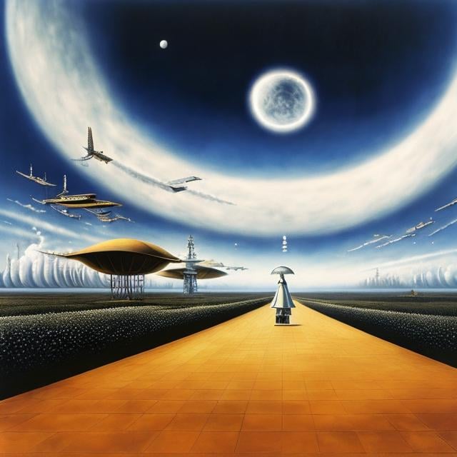 Prompt: Remedios Varo, katsuhiro Otomo, Surreal, mysterious, bizarre, fantastical, fantasy, Sci-fi, Japanese anime The world begins at the end of this runway, a dim galaxy, a big moon, serenity, a beautiful girl in a miniskirt waiting on the runway, perfect voluminous body, the remains of a machine, detailed masterpiece 