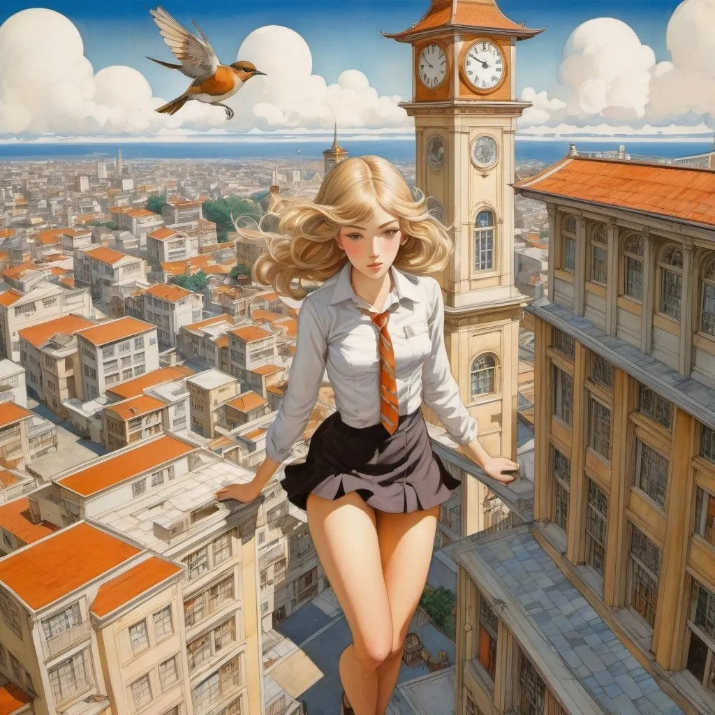 Prompt: Philip Pearlstein, Charles Robinson, Surreal, mysterious, strange, fantastical, fantasy, Sci-fi, Japanese anime, upside down clock tower, miniskirt beautiful high school girl, winding time, detailed masterpiece bird’s eye views perspectives 