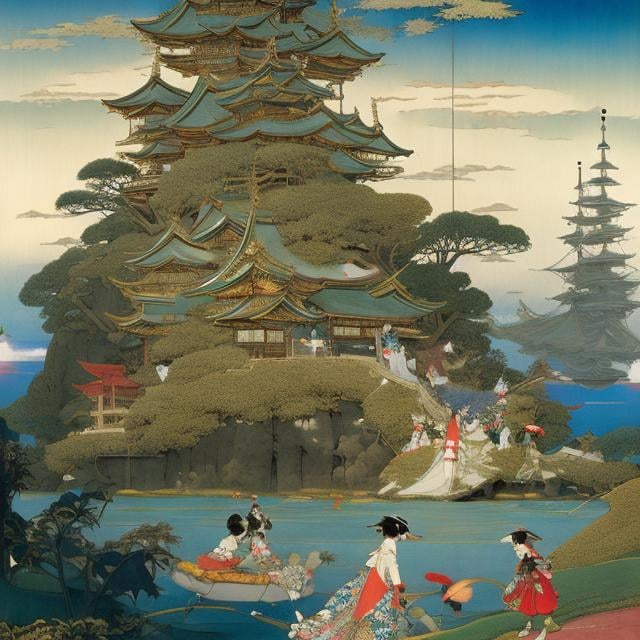 Prompt: Japanese style, Richard Dadd. Japanese Anime, Mysterious Strange Fantastic Absurd Sci-Fi Fantasy Peter Pan and Wendy Flying Children Pirate Ship, hyper detailed high resolution high definition high quality masterpiece, close up to Peter Pan and Wendy