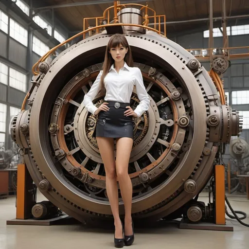 Prompt: Goran Parlov, Helena Janečić, Manuel Šumberac, Bronwyn Bancroft, Surrealism Mysterious Weird Fantastic Fantasy Sci-Fi, Japanese Anime, Time Machine Manufacturing Factory Miniskirt Beautiful Mechanical Engineer, perfect voluminous body, Rewinding the Time Curve, detailed masterpiece 