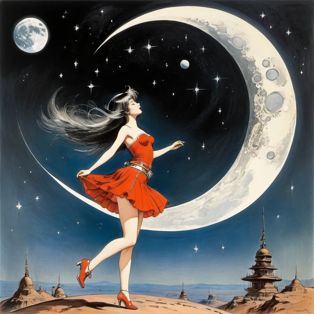 Prompt: Ronald William Fordham Searle, J. Carlos, Surreal, mysterious, strange, fantastical, fantasy, Sci-fi, Japanese anime, Moon in love with Mars, date between stars, beautiful crescent moon girl in a miniskirt, perfect voluminous body, spaceship taking off, detailed masterpiece 